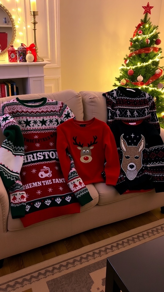 A variety of Christmas jumpers with different designs displayed on a couch, surrounded by holiday decorations.